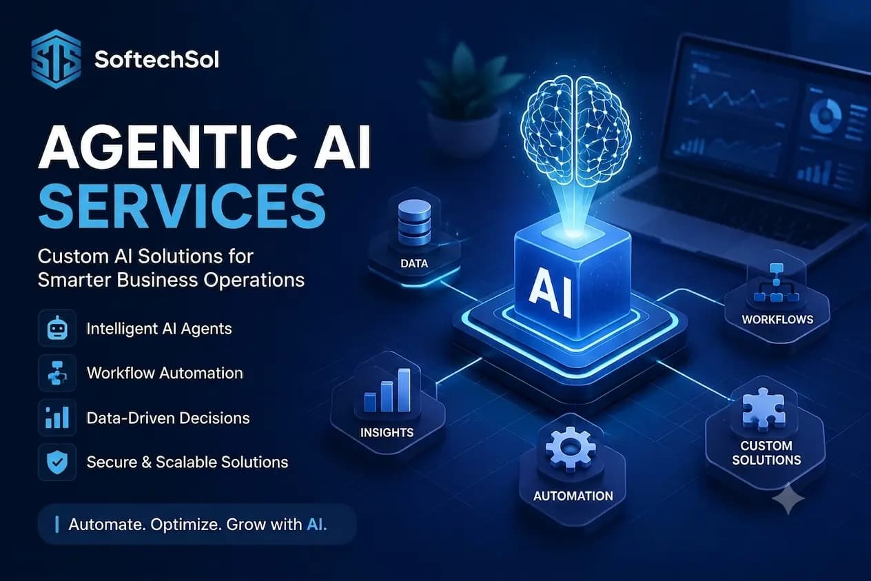 "Agentic AI services illustration showing custom AI solutions, workflow automation, intelligent AI agents, and business process optimization by SoftechSol."